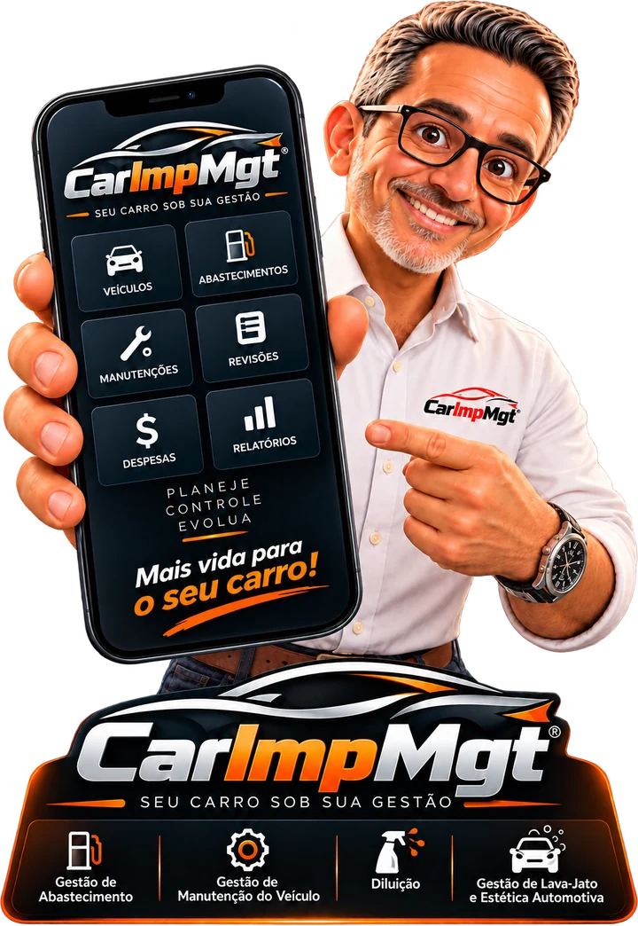 Emerson mostrando o app CarImpMgt no celular